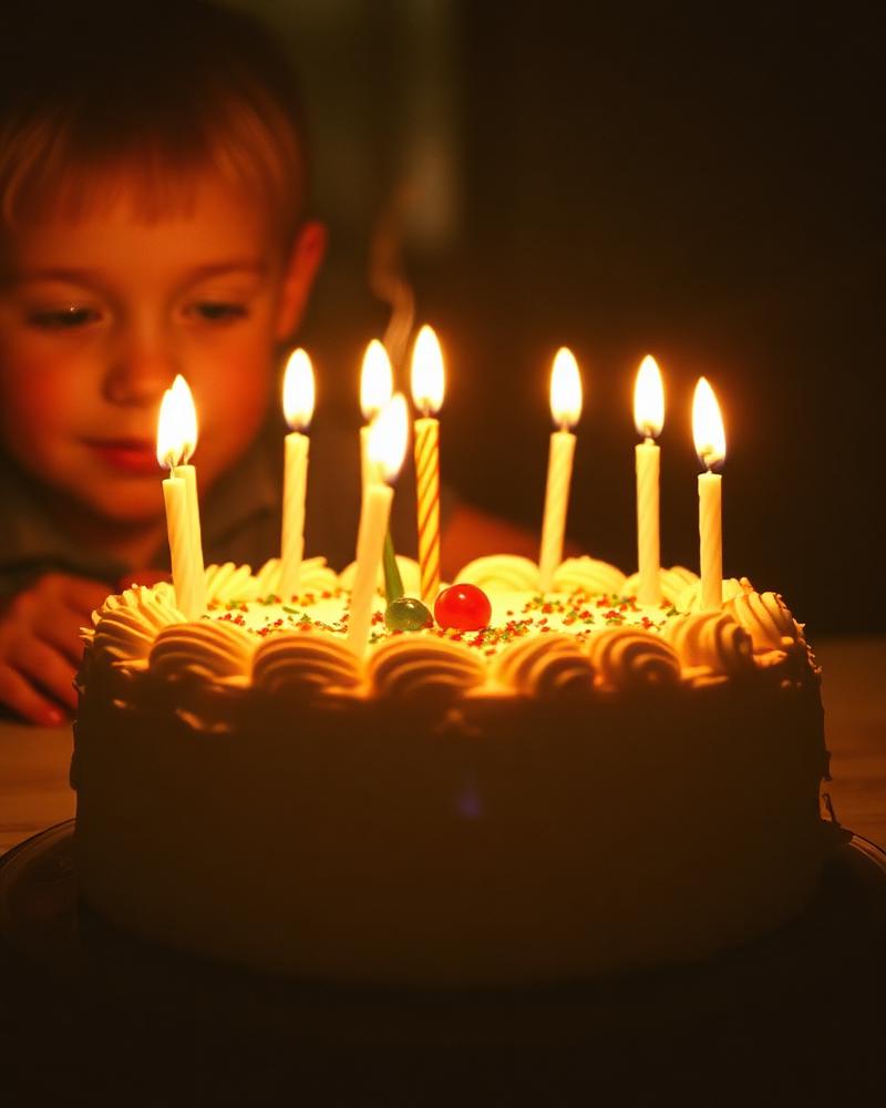Grainy film photo of a childhood birthday cake