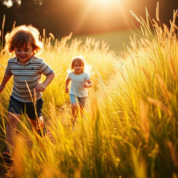 Children running through summer grass at golden hour