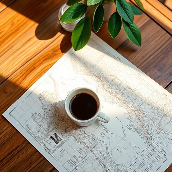 A paper map with an espresso cup on a wooden table